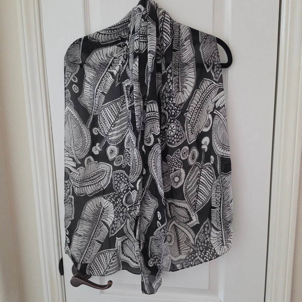 Vintage Silk Scarf Black White Botanical Leaf Print Sheer Oblong Wrap 18x60